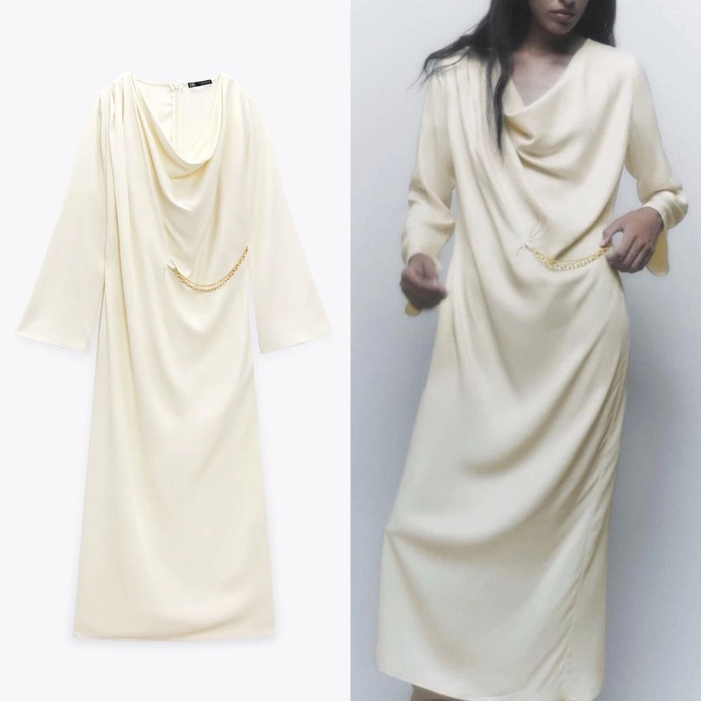 Zara Cream Midi Dress with Gold Chain Detail
